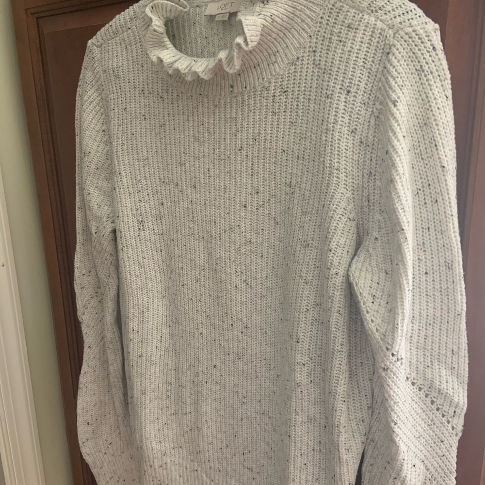 LOFT Women's Speckled Cream Sweater with Ruffled Neck, Size M
